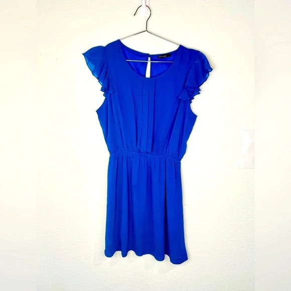 Timing Blue Sheer Ruffle Sleeve Dress Flowy Pleated Front - Picture 2 of 8